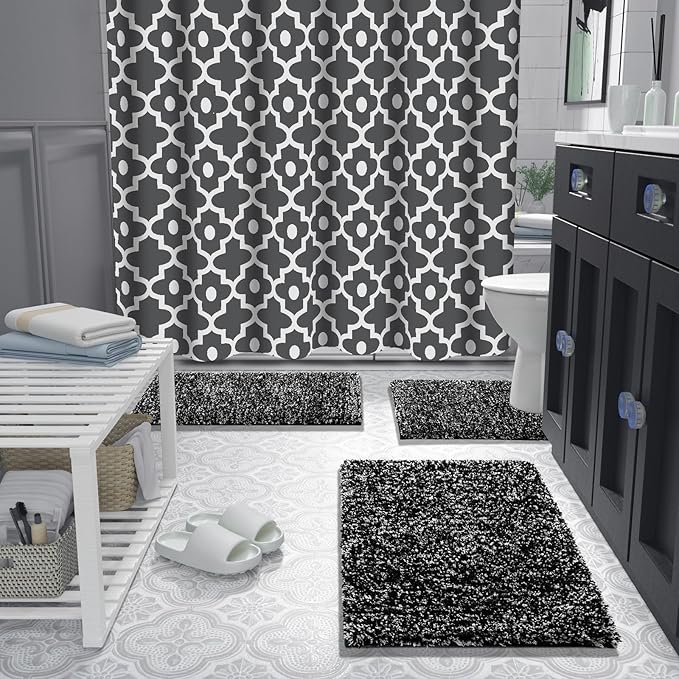 Yimobra Toilet Rugs U Shaped Washable 24x20, Ultra Soft and Water Absorbent Bath Mats, Non Slip Fluffy Shaggy Luxury Microfiber Contour Bath Rugs for Toilet, Dry Quick, Black and White