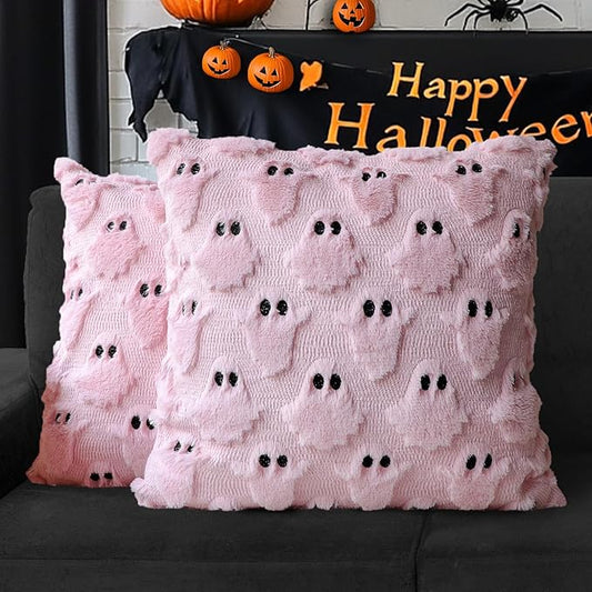 4TH Emotion Halloween Ghost Decorative Pillow Covers 20x20 Set of 2, Pink Soft Plush Faux Fur Farmhouse Throw Cushion Cases for Fall Autumn Holiday Home Decorations