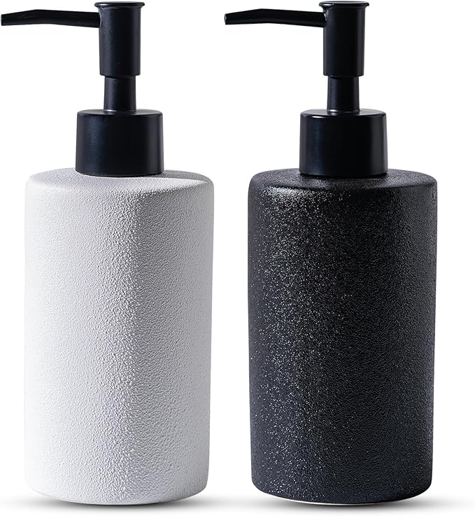 TANEW 2-Pack Black & White Ceramic Hand Soap Dispenser Set 12oz Refillable for Essential Oil, Dish Soap or Lotion - Countertop Soap Dispensers for Bathroom, Sink, Kitchen
