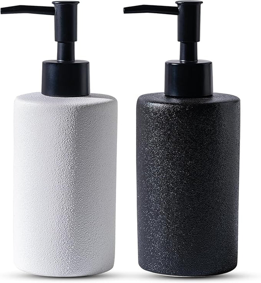 TANEW 2-Pack Black & White Ceramic Hand Soap Dispenser Set 12oz Refillable for Essential Oil, Dish Soap or Lotion - Countertop Soap Dispensers for Bathroom, Sink, Kitchen