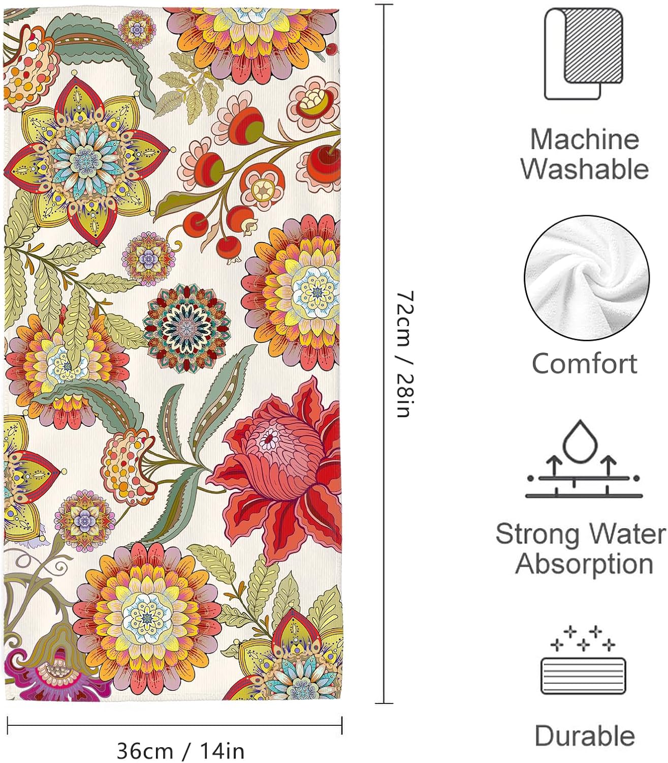 Boho Floral Hand Towels for Bathroom, Colorful Flowers Decorative Bath Towels for Yoga Swim Hotel Spa Kitchen Home Bathroom Decor 14x28 Inch 2 Piece