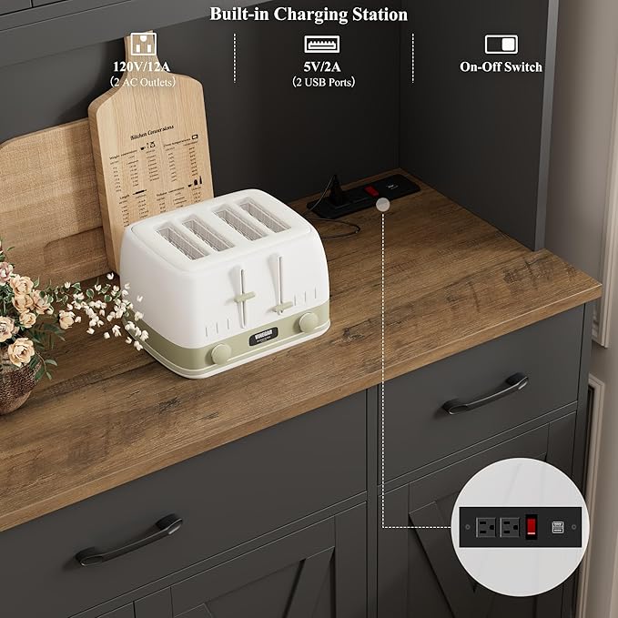 HOSTACK 71" Tall Kitchen Pantry Storage Cabinet with Charging Station, 55" Wide Kitchen Hutch Cabinet with Large Countertop, Farmhouse Food Pantry with Drawers for Living Room (Black)