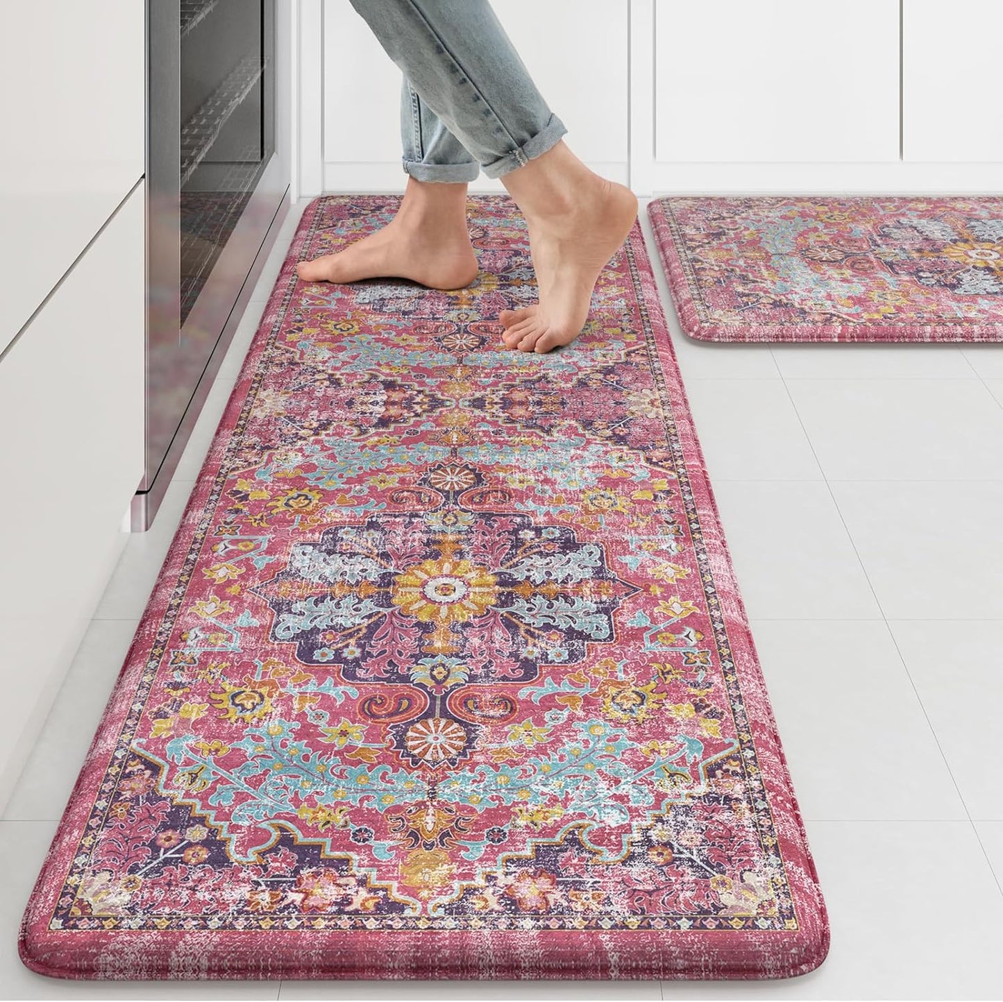 KIMODE Anti Fatigue Kitchen Mat, 17"x47"+17"x29" Boho Vintage Kitchen Rugs Sets of 2, Non-Slip Kitchen Mats for Floor, Cushioned Kitchen Floor Mats for Sink, Laundry, Office, Desk,Fuchsia/Multi