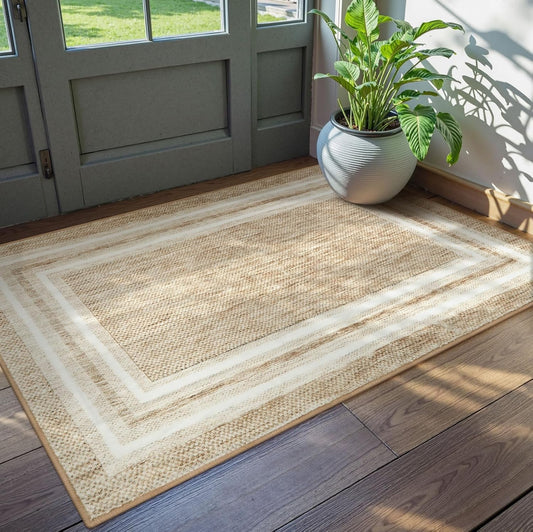 OJIA Modern Bordered Washable Rug 3'x5', Printed Non Slip Rug for Living Room Soft Bedroom Entry Mat Non-Shedding Accent Carpet Indoor Door Mat Small Carpet for Entryway Kitchen Bathroom Office