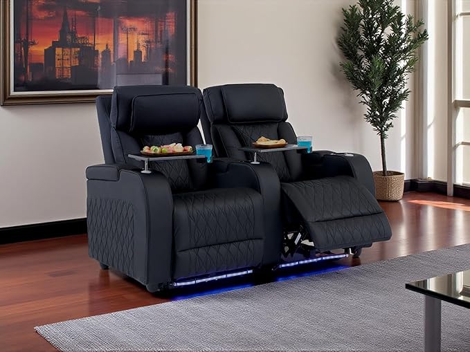 Home Theater Seating Top Grain Leather, Movie Theater Chairs Theater Recliner Sofa with Dual Power Ergonomic Design 7 Colors Ambient Lighting Tray Table Type-C USB Charge (Black, Row of 2)