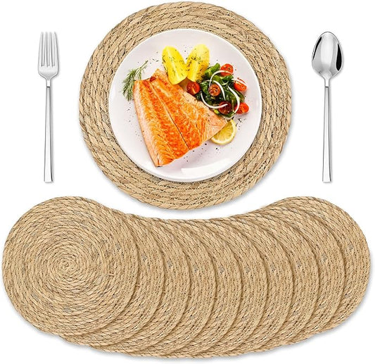 Round Woven Placemats 12 Inch Set of 10, Natural Fiber Braided Rattan Table Mats | Boho Wicker Placemats for Dining | Farmhouse Kitchen Home Decor