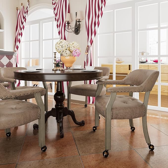 MODERION Modern Brown Solid Wood Boss Caption's Dining Chairs with Wheels and Arms, Office Desk Chairs, Classic Swivel Accent Chairs, 31.5H for Living Room