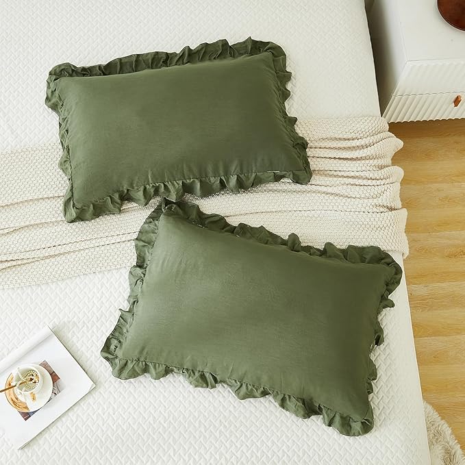 Merryword Olive Green Pillow Shams Standard Pillowcases 20x26inch Dark Green Ruffle Cute Pillow Cover Set of 2 Shabby Chic Soft Microfiber