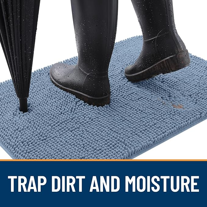 OLANLY Dog Door Mat for Muddy Paws 47x17, Absorbs Moisture and Dirt, Absorbent Non-Slip Washable Doormat, Quick Dry Chenille Mud Mat for Dogs, Entry Indoor Entryway Carpet for Inside Floor, Airy Blue