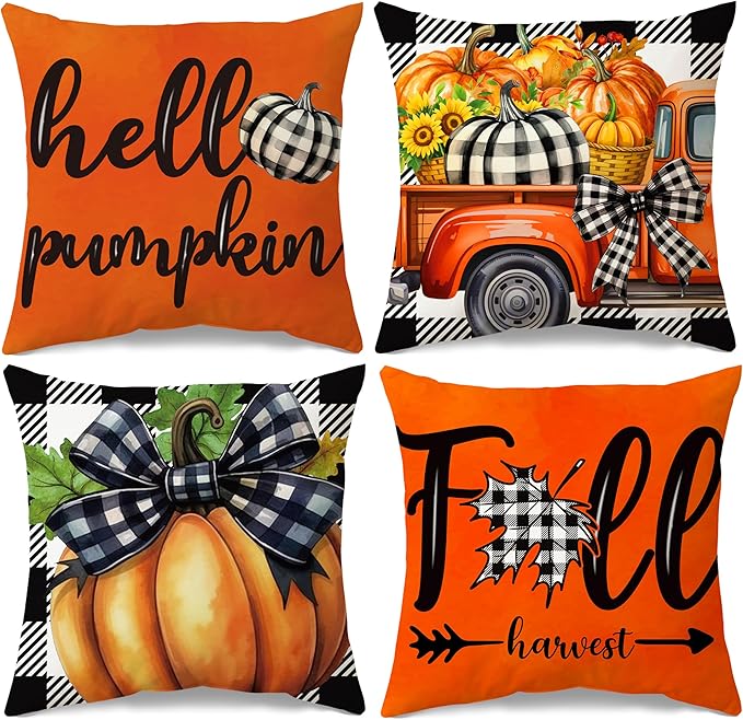 JioJio Chan Fall Decorative Pillow Covers 18x18 - Set of 4 Pumpkin Autumn Throw Plaid Decorations Pillow Covers for Couch Sofa, Fall Thanksgiving Decor for Home Bedroom Living Room Outdoor