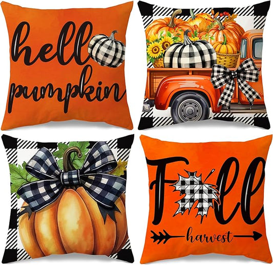JioJio Chan Fall Decorative Pillow Covers 18x18 - Set of 4 Pumpkin Autumn Throw Plaid Decorations Pillow Covers for Couch Sofa, Fall Thanksgiving Decor for Home Bedroom Living Room Outdoor