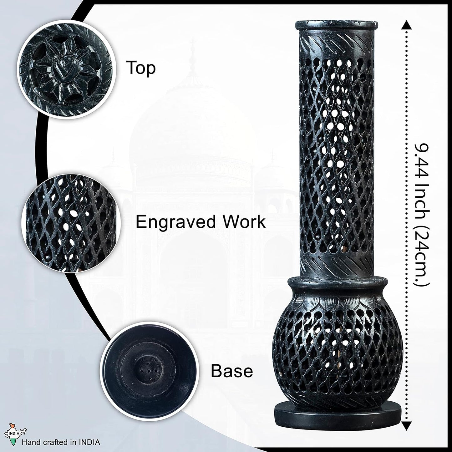 Crocon Handmade Black Marble Soapstone Incense Stick Burner Round Shape Jali and Handi Design Tower Burner | Candle Stick Holder | Decorative Home & Kitchen Best Gift Size - (2.7X2.7X9.4 Inch)