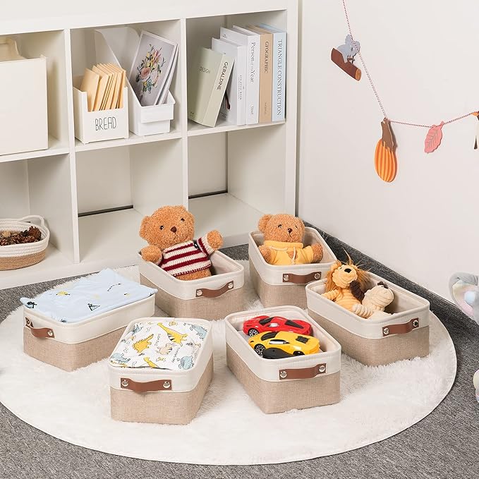 HNZIGE Small Fabric Baskets for Organizing(6 pack) Collapsible Storage Baskets for Shelves, Closets, Laundry, Nursery, Decorative Baskets for Gifts Empty (White&Khaki, 11.8" x 7.8" x 5.1")
