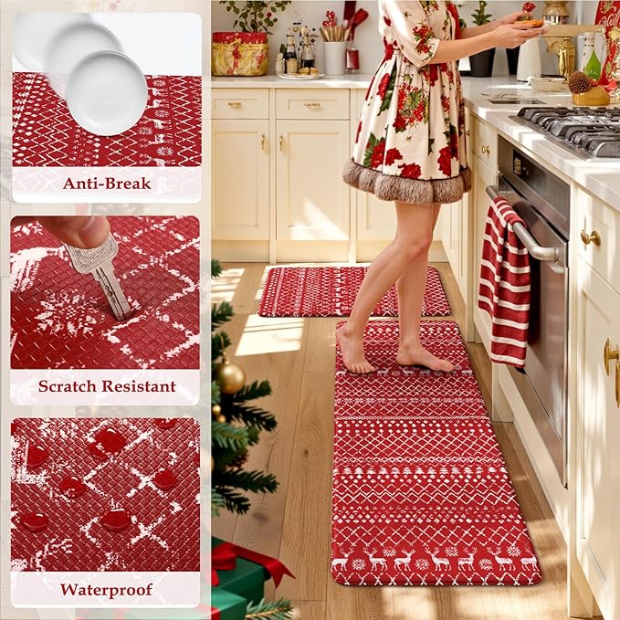 KIMODE Christmas Kitchen Rugs Sets of 2, Anti Fatigue Mats for Kitchen Floor, Farmhouse Red Christmas Kitchen Decor, Cushioned Kitchen Floor Mats Non Slip for Sink Laundry Desk 17"x47"+17"x29"