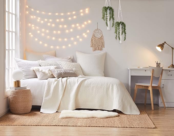 Levtex Home Cross Stitch Reversible Twin XL/Twin Quilt Set (68x86in) with 1 Pillow Sham (26x20in) - Stitch Texture - Cream - 100% Cotton Twin Size Quilt Bedding Set - Lightweight, Soft, Pre-Washed