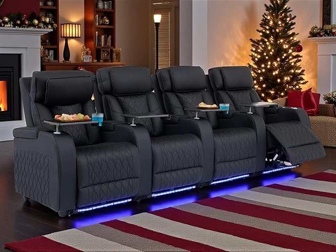Home Theater Seating Top Grain Leather, Movie Theater Chairs Theater Recliner Sofa with Dual Power Ergonomic Design 7 Colors Ambient Lighting Tray Table Type-C USB Charge (Black, Row of 4)