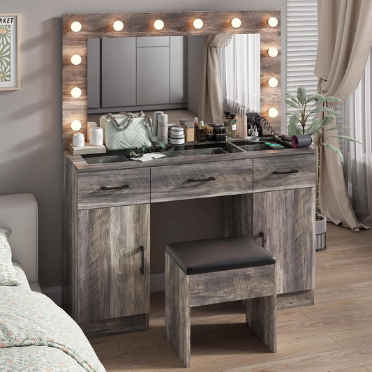 Karl home Vanity Desk with Large Lighted Mirror & Powre Outlet, Glass Tabletop Makeup Vanity Set with 3 Drawers & 2 Cabinet, 45.3" Make up Dressing Table with 12 Lights for Bedroom, Gray