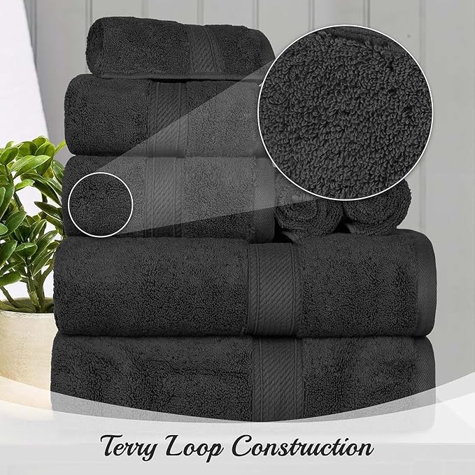 Superior Egyptian Cotton Pile 10 Piece Towel Set, Includes 2 Bath, 4 Hand, 4 Face Towels/Washcloths, Ultra Soft Luxury Towels, Thick Plush Essentials, Guest Bath, Spa, Hotel Bathroom, Black