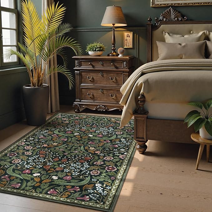 Lahome Floral 3x5 Rugs for Entryway, Botanical Green Machine Washable Boho Throw Rugs for Entrance, Non-Slip Maximalism Stain-Resistant Soft Carpet for Bedroom, Kids Room, Dorm