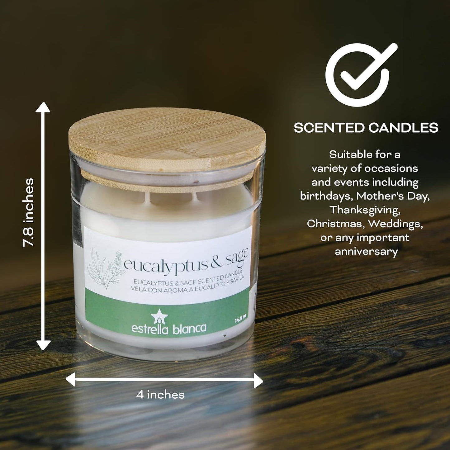 Eucalyptus Sage Scented Candles, 14.5 oz 3 Wick Candle, Large Jar, Long Lasting Burn, Fresh Herbal Aroma for Relaxation, Spa, Home Décor, Living Room, Bedroom, or Gift