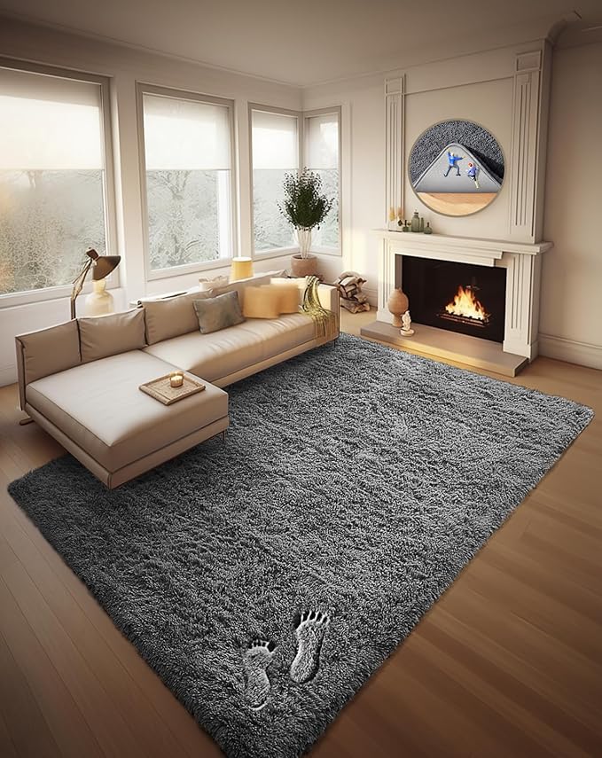 Ophanie 8x10 Area Rugs for Living Room, Upgrade Non-Slip Fluffy Soft Large Shag Bedroom Carpet, Grey Big Indoor Thick Nursery Rug, Gray Carpets for Boy and Girls Room Dorm Home Decor Aesthetic