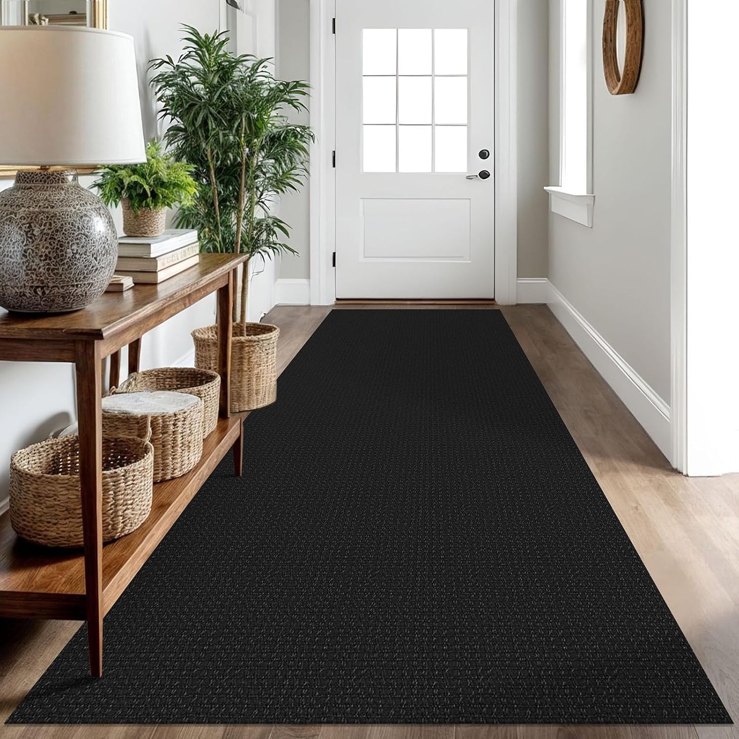 IOHOUZE Washable Runner Rug 3x10 Non Slip Rubber Backed Long Hallway Runner Entryway Runner Indoor, Kitchen Rugs Woven Cotton Floor Carpet for Hall Entrance, Black/Grey