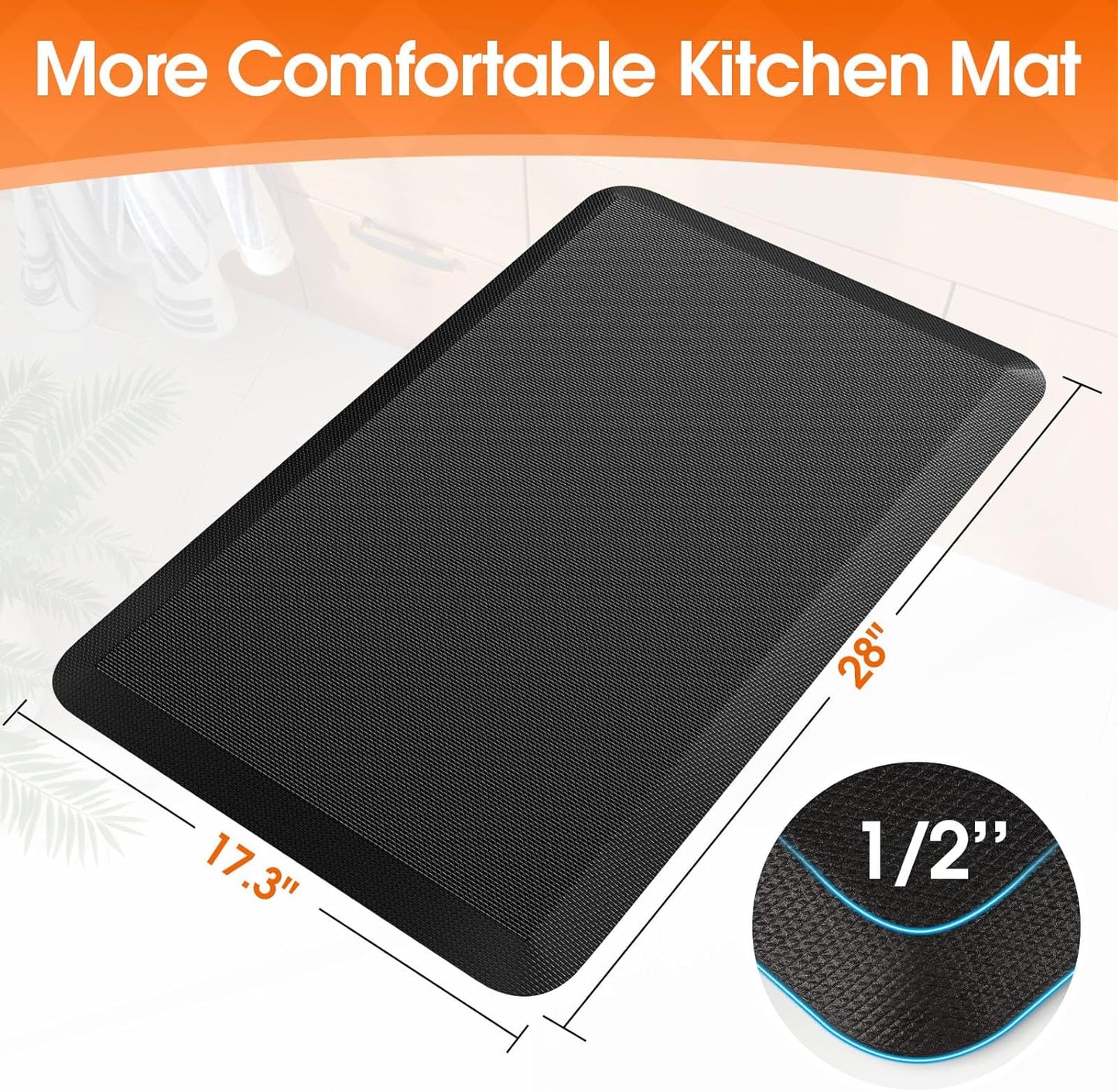 Kitchen Mat, Cushioned Thick Floor Comfort Mat, with Non-Slip Bottom, Water & Stain Resistant, Easy Clean Standing Desk Mat for Kitchen, Sink, Office (17.3"x28", Black)