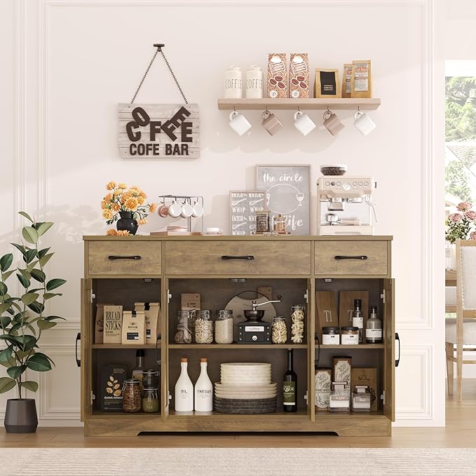 HOSTACK Buffet Sideboard Cabinet with Drawers, 55" Large Buffet Storage Cabinet with Shelves and Doors, Modern Farmhouse Coffee Bar Station Wood Kitchen Table for Kitchen, Dining Room, Rustic Brown