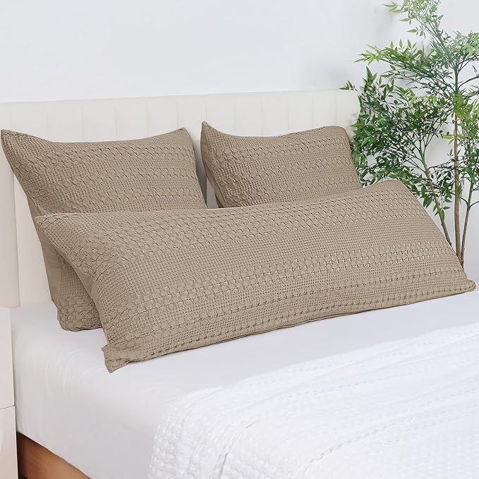 PHF 100% Cotton Waffle Body Pillowcase with Zipper, 1 Pack 20" x 54" Soft Skin-Friendly Pillow Sham, No Filling, Aesthetic Woven and Breathable Waffle Weave Body Pillow Cover for Bed, Simply Taupe