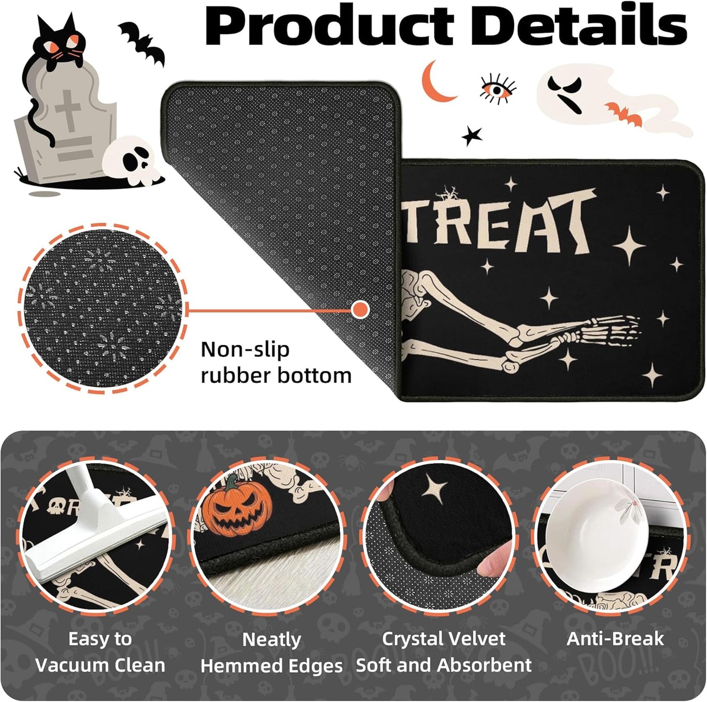 2 Piece Halloween Kitchen Decor Rugs Set,Skeleton Kitchen Rugs and Mats Non Skid Washable Absorbent Kitchen Accessories Decoration Floor Mats 17"x47"+17"x30"