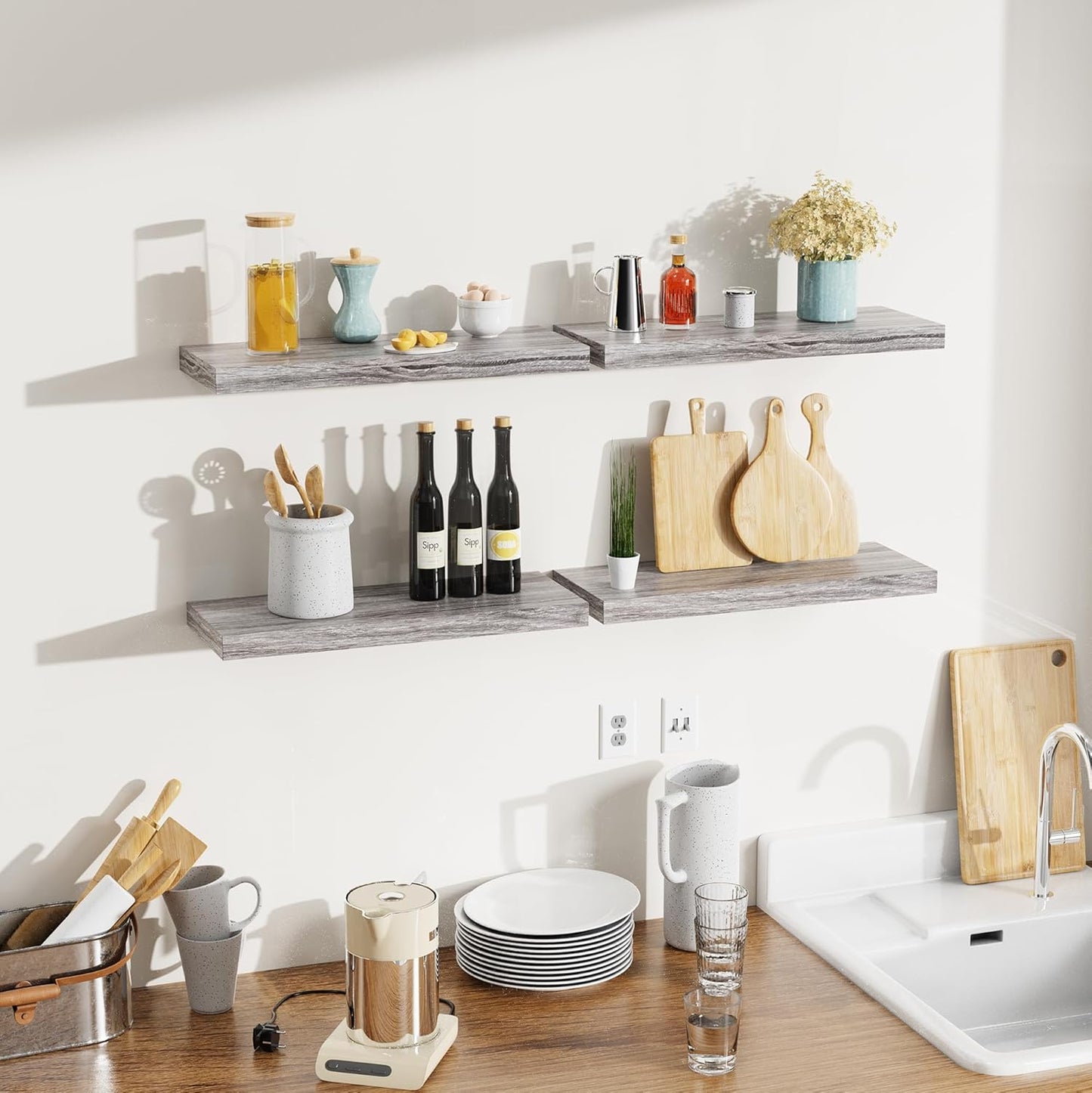 Bellsal Floating Shelves for Wall, Gray Engineered Wood Wall Shelf Set of 4, 16" Walls Mounted Floating Shelf for Kitchen, Living Room, Bedroom, Bathroom Storage, Book Shelfs for Home Decor