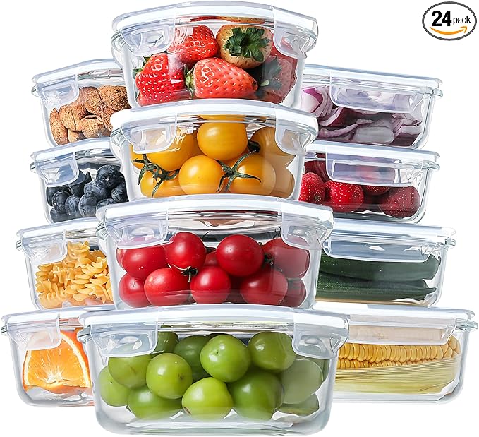 HOMBERKING 24pc Glass Food Storage Containers with Lids, Glass Meal Prep Containers, Airtight Glass Bento Boxes, BPA Free & Leak Proof, Pantry Kitchen Storage(12 lids & 12 Containers) - White