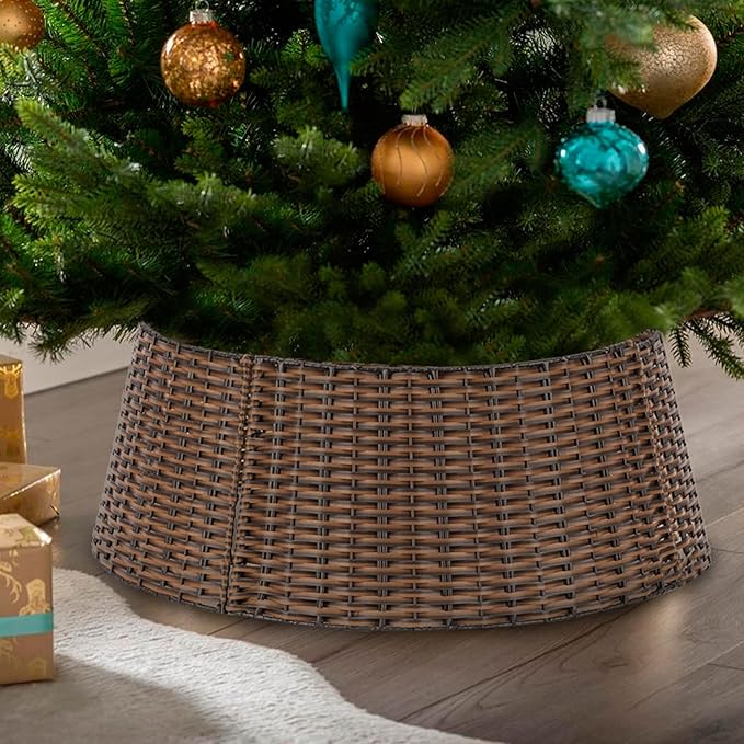 SUNNYPARK Christmas Tree Collar, 23'' D Handmade Artificial Rattan Wicker Christmas Stand Tree Collar Basket Base Cover for Holiday Decoration-Round Brown …