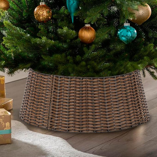 SUNNYPARK Christmas Tree Collar, 23'' D Handmade Artificial Rattan Wicker Christmas Stand Tree Collar Basket Base Cover for Holiday Decoration-Round Brown …