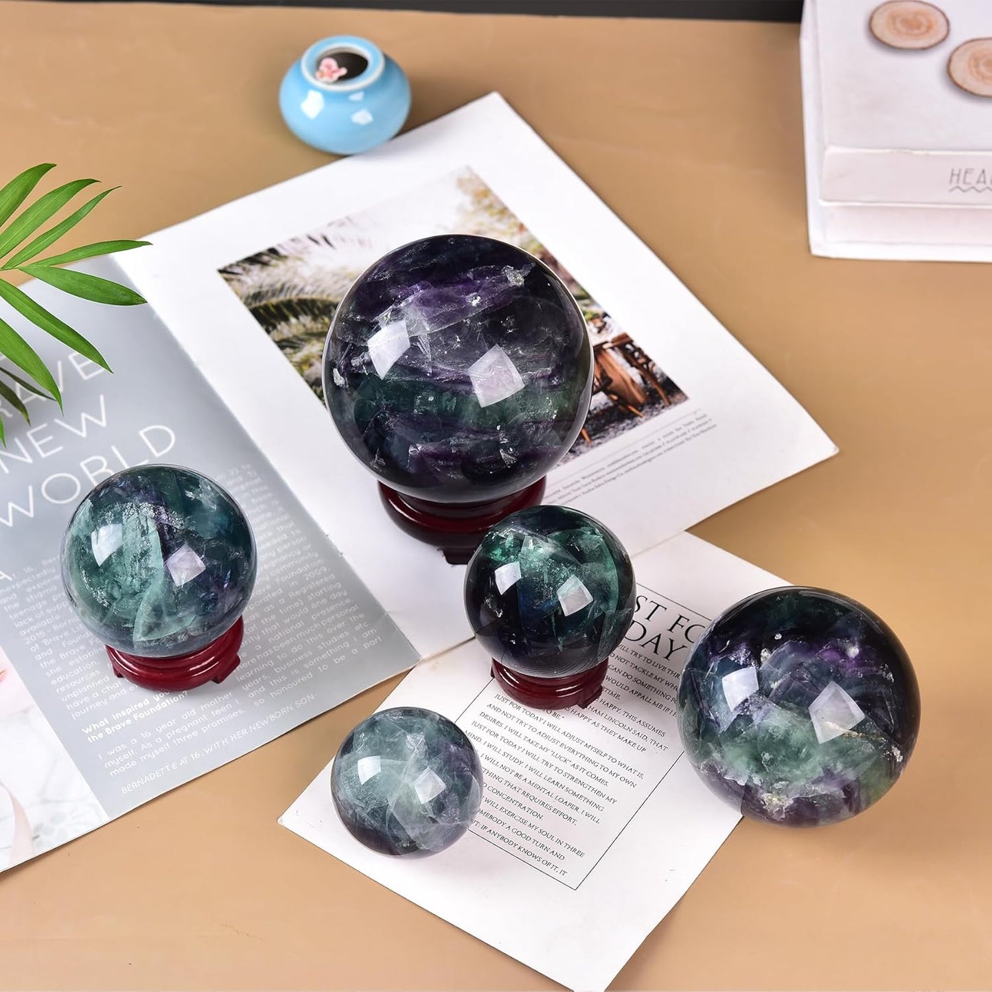 JIC Gem Natural Colorful Fluorite Crystal Sphere Decorative Ball with Wooden Stand Meditation Balls for Witchcraft Reiki Healing Gift 50-60mm