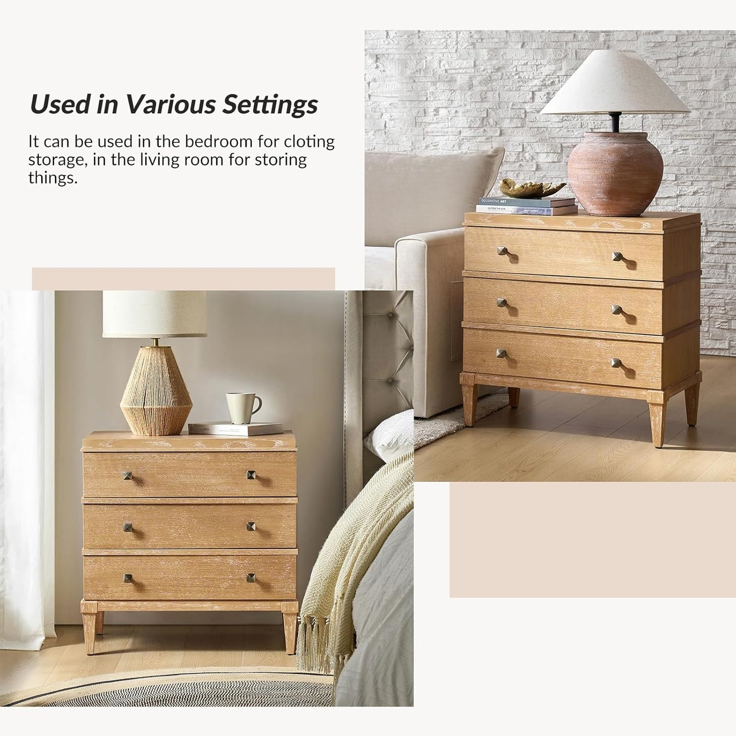 HULALA HOME 3-Drawer Nightstand with Charge Station, Farmhouse Nightstand with Solid Wood Legs(Acorn)