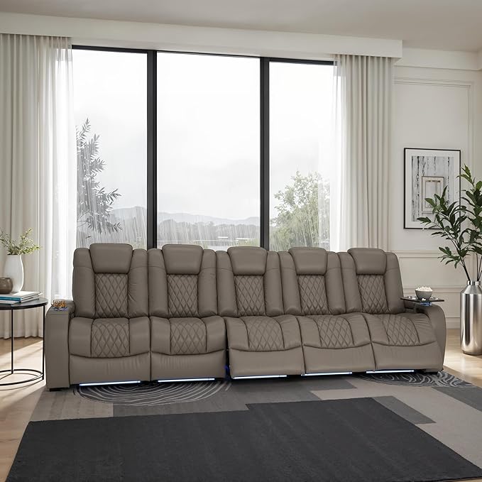 Seatcraft Diamante Zero-Gravity CoolZero Italian Leather Home Theater Seating, Power Headrest, Power Recline, Row of 5 Sofa, Gray