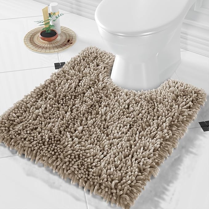 Yimobra Toilet Rugs U Shaped Washable, Extra Thick Soft Absorbent Chenille Contour Bathroom Rugs for Toilet 24x20 Inch, Quick Dry Non Slip Toilet Mat for Bath Floor, Camel