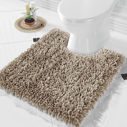 Yimobra Toilet Rugs U Shaped Washable, Extra Thick Soft Absorbent Chenille Contour Bathroom Rugs for Toilet 24x20 Inch, Quick Dry Non Slip Toilet Mat for Bath Floor, Camel