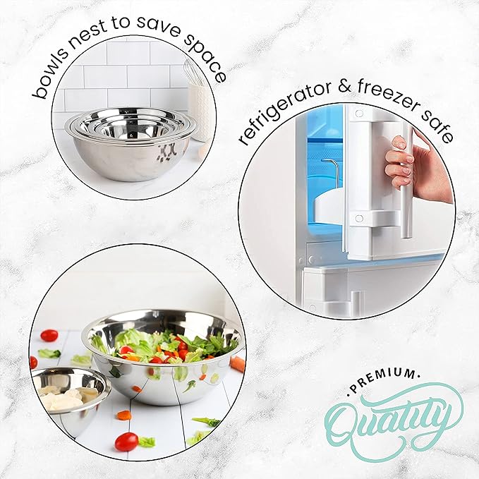 WHYSKO Meal Prep Stainless Steel Mixing Bowls Set, Home, Refrigerator, and Kitchen Food Storage Organizers | Ecofriendly, Reusable, Heavy Duty (White)