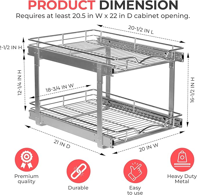 HOLDN’ STORAGE Two Tier Pull Out Cabinet Organizer, Individual Sliding Drawers - Heavy Duty Metal with Lifetime Limited Warranty - Anti Rust Chrome Finish - 20.5" W x 21”D x 16.5" H
