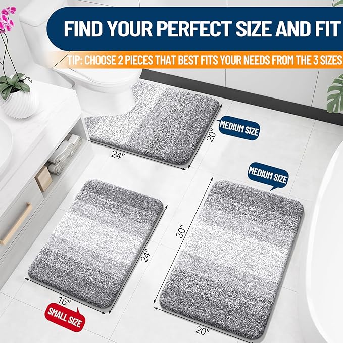 OLANLY Bathroom Rug Set 2 Piece, Soft Absorbent Microfiber Bath Mats and U-Shaped Contour Toilet Rug, Non-Slip, Machine Wash Dry, Plush Shaggy Bath Mats for Bathroom (24"x16"+24"x20", Light Grey)