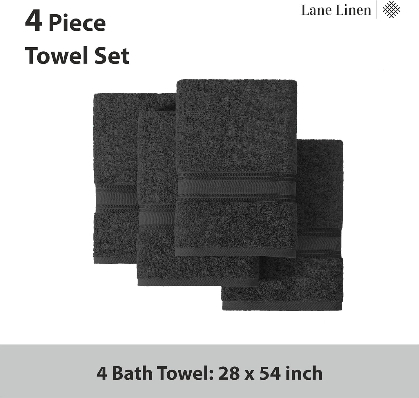 LANE LINEN 100% Cotton Bath Towels 4 Pack (28"x54") - Zero Twist, Mercerized Cotton Large Towel Set for Bathroom - Quick Dry, Soft & Absorbent Large Bath Towel Set - Oeko Tex Certified - Black Towels