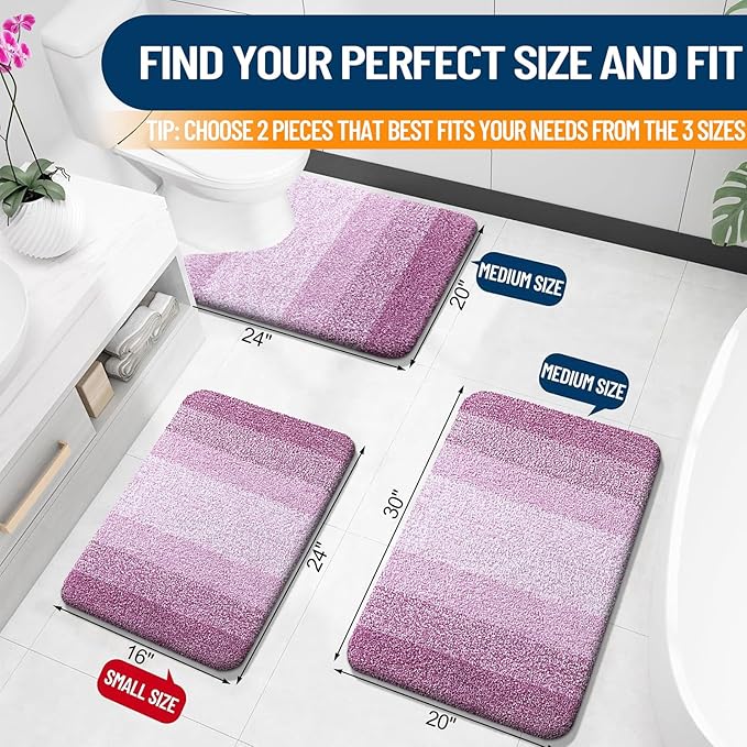OLANLY Bathroom Rug Set 2 Piece, Soft Absorbent Microfiber Bath Mats and U-Shaped Contour Toilet Rug, Non-Slip, Machine Wash Dry, Plush Shaggy Bath Mats for Bathroom (24"x16"+24"x20", Pinkish-Purple)