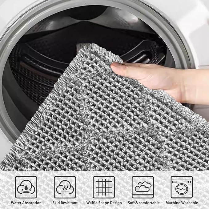 ZALL Waffle Bath Mat,Super Absorbent Non Slip Bathroom Rug,Grey 24x36inch,Geometric Diamond Machine Washable Ultra Soft Floor Mats Gray