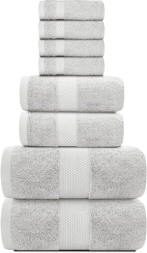 White Classic Luxury Bath Towel Set of 8 Pieces - 100% Turkish Cotton Highly Absorbent Towels for Bathroom, 2 Luxury Bath Towels 700GSM, 2 Hand Towels, 4 Washcloths, Silver