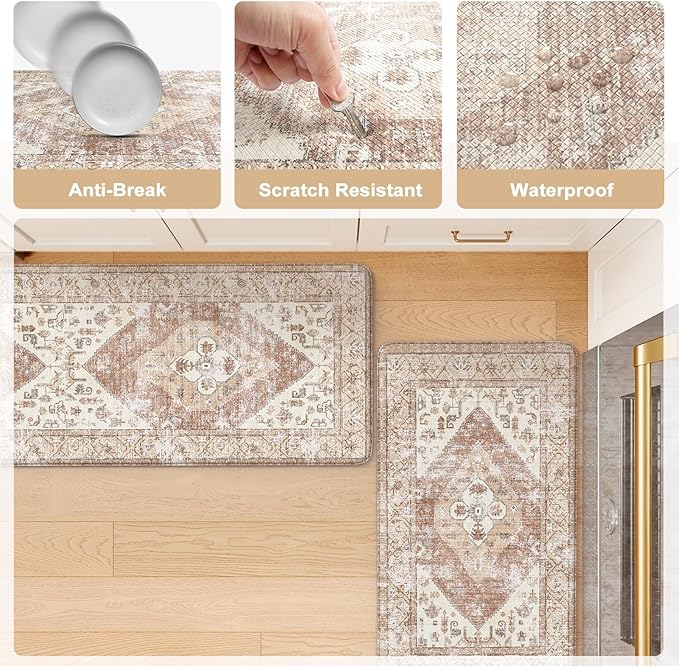 KIMODE Kitchen Runner Rug,17.3" x 59" Farmhouse Anti Fatigue Kitchen Mats for Floor Cushioned,Non-Slip Waterproof Comfort Thick Kitchen Floor Standing Mat for Front Sink,Laundry Room,Mutil-Khaki