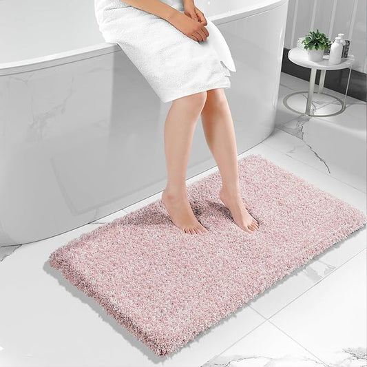 Yimobra Luxury Bathroom Rugs, Fluffy Bath Mats, Non Slip, Water Absorbent Microfiber, Machine Washable, Plush Soft Shower Rugs, Thick Matts for Bathroom Floor&Tub, 47"x 24", Light Pink and White