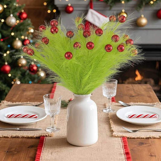 Hananona 60 pcs 15" Green Picks and Sprays Christmas Stems Bulk with Red Ball Xmas Artificial Pampas Stems for Christmas Tree Decor,Vase Fillers, Crafts Home Decorations (60, Green)