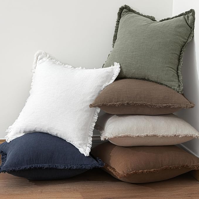 MIULEE Fall Decorative Throw Pillow Covers Neutral Linen Fringe Throw Pillows Set of 2 Late Autumn Boho Farmhouse Cushion Covers for Couch Sofa Bed Living Room Spring Home Decor 18x18 Inch